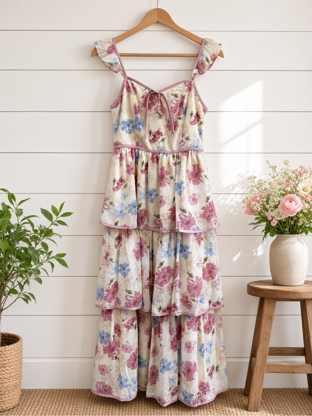 Floral Midi Dress With Ruffled Straps